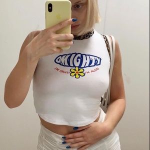 omighty White Graphic Crop Tank with Blue Logo